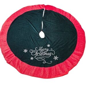 St. Nick's Choice Dark Green‎ Velvet & Red Trim Merry Christmas Tree Skirt F26